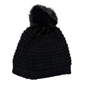 KYI KYI Beanie Black Faux Fur Pom Pom Fleece Lined Wool Blend Women OSFM